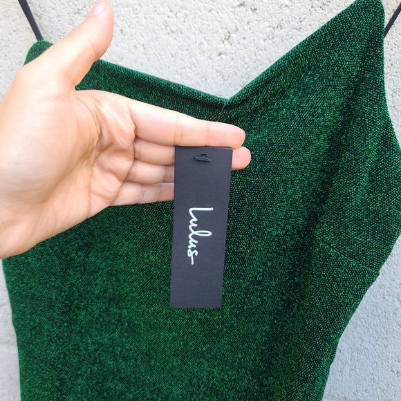 Lulu's | Take Me Anywhere Green Sparkly Asymmetrical Bodycon Mini Dress NEW - Picture 3 of 7
